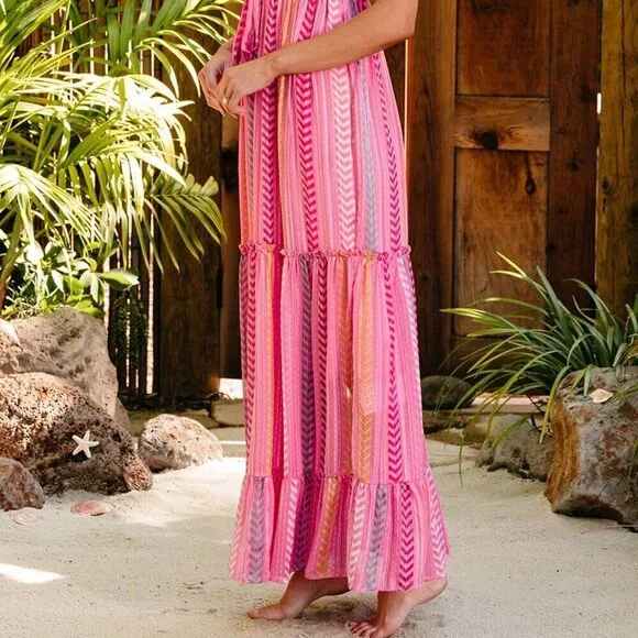 Hot Pink Boho Women's Western Geometric Tie Ruffle Halter Long Dress - Picture 5 of 8